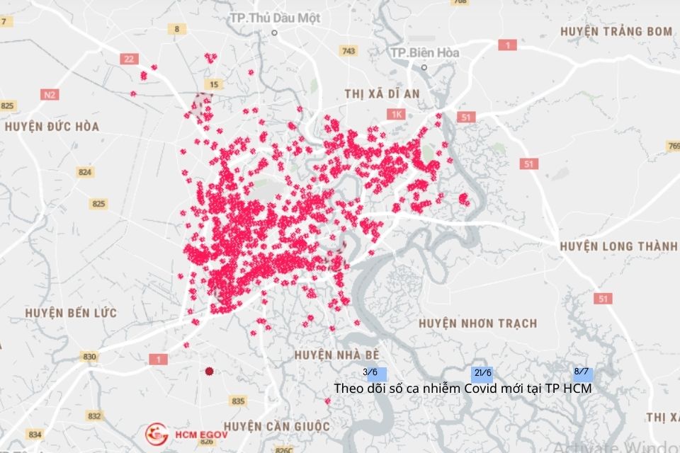 Bản đồ Covid-19 biểu thị địa bàn bị phong tỏa do có ca nhiễm Covid